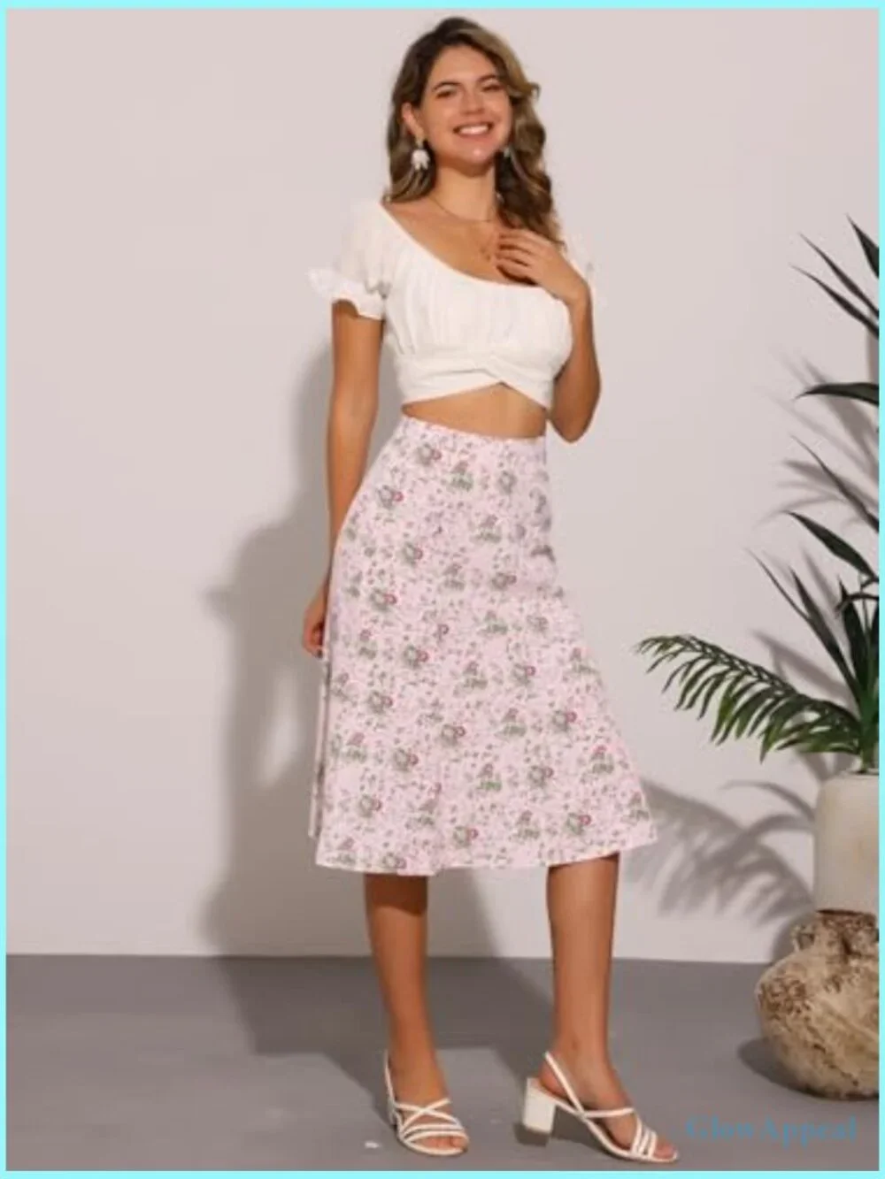 Ditsy Floral Print Peasant Elastic Waist A-Line Midi Skirt - Picture 2 of 5